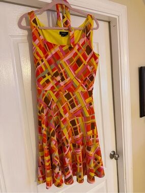 Peck & Peck Yellow Pink Orange Multi-Color Plaid Sleeveless Fit & Flare Dress